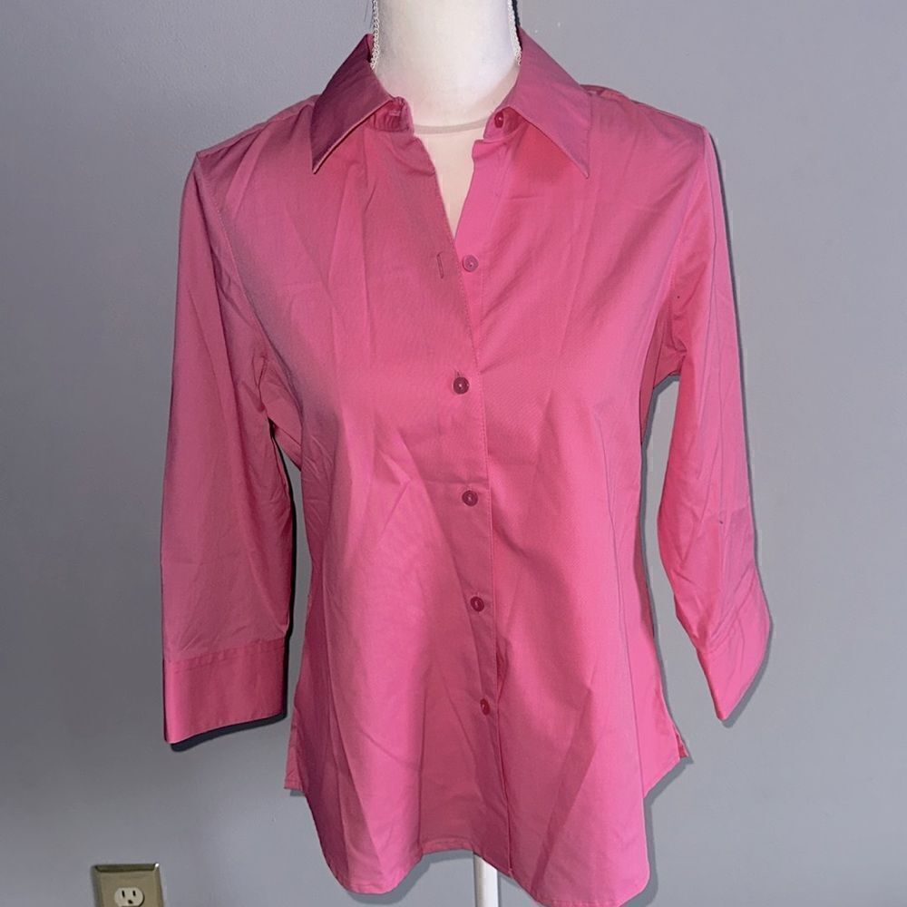 Foxcroft for Appleseed’s Buttondown Top in Pink Carnation!